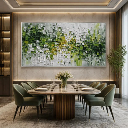 VERDANT: Textured Green and White Abstract Impasto Painting | gold frame stretched on neutral wall