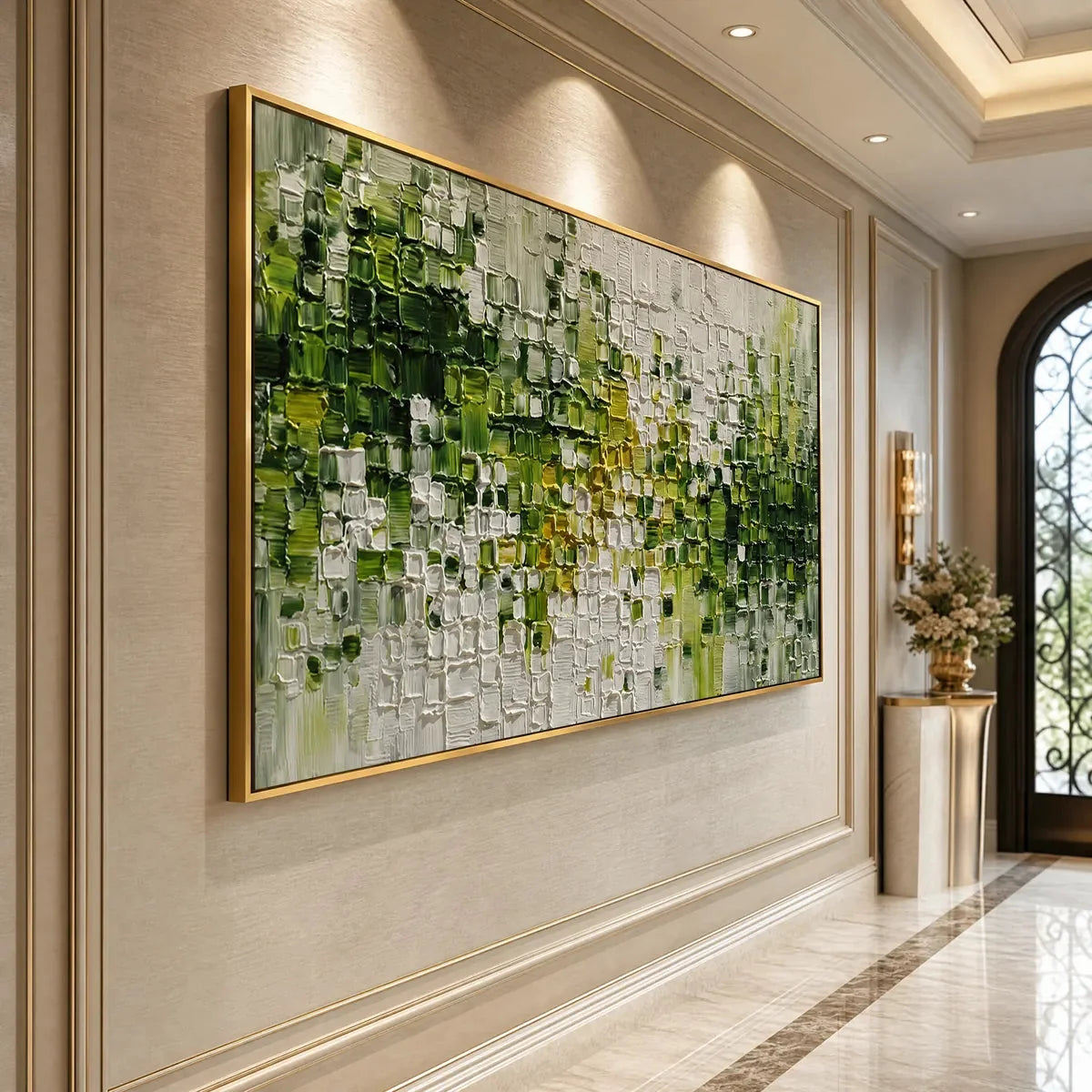 VERDANT: Textured Green and White Abstract Impasto Painting | rolled canvas, ready for custom framing