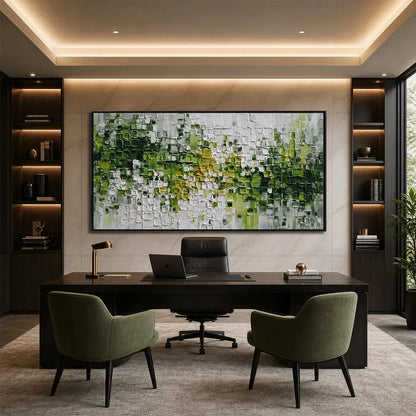 VERDANT: Textured Green and White Abstract Impasto Painting | black frame version on white wall