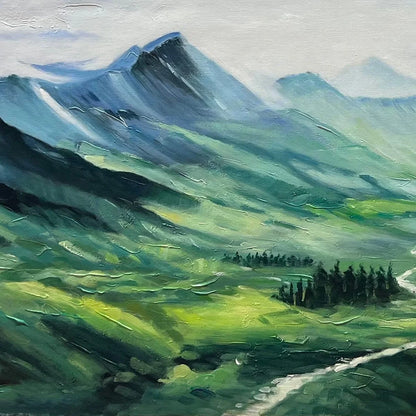 VERDANT VALLEY VISTA: Textured Abstract Landscape Oil Painting | rectangular format, hand-painted canvas edge