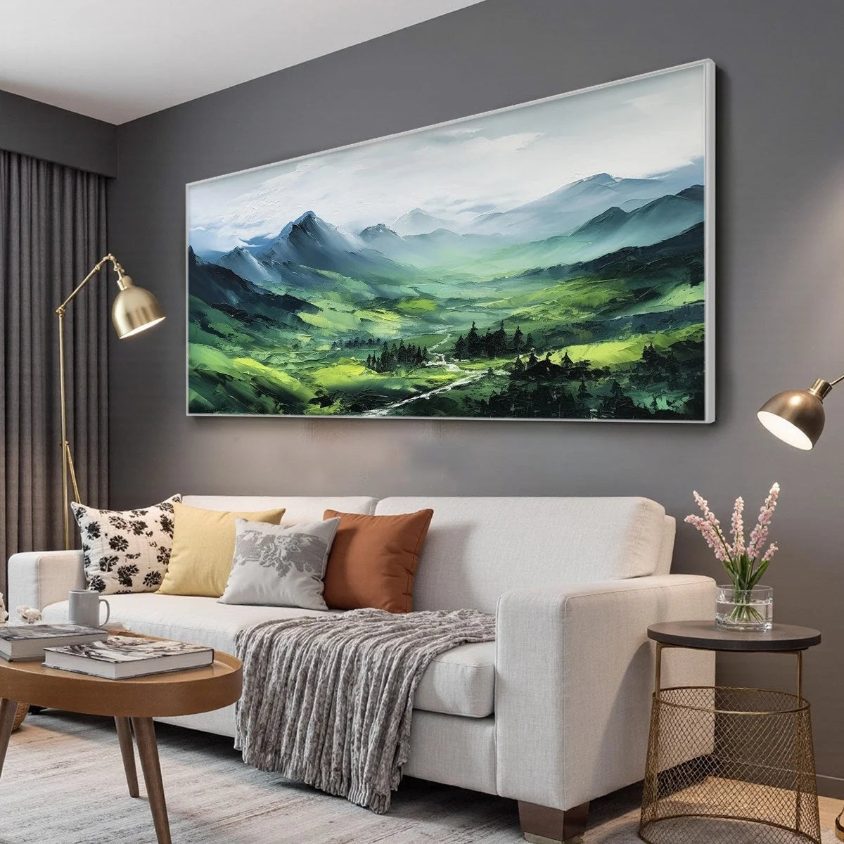 VERDANT VALLEY VISTA: Textured Abstract Landscape Oil Painting | gold frame stretched on neutral wall