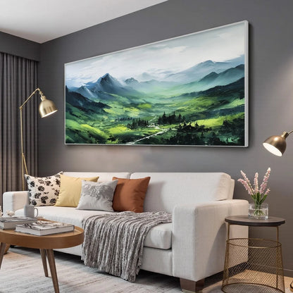 VERDANT VALLEY VISTA: Textured Abstract Landscape Oil Painting | gold frame stretched on neutral wall