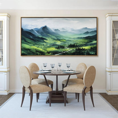 VERDANT VALLEY VISTA: Textured Abstract Landscape Oil Painting | black frame version on white wall