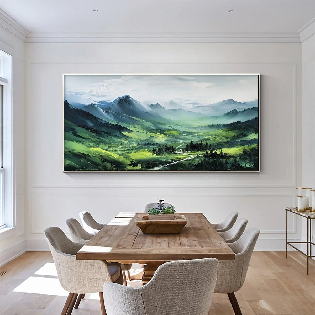 VERDANT VALLEY VISTA: Textured Abstract Landscape Oil Painting | Abstract mood, soft natural light studio shot