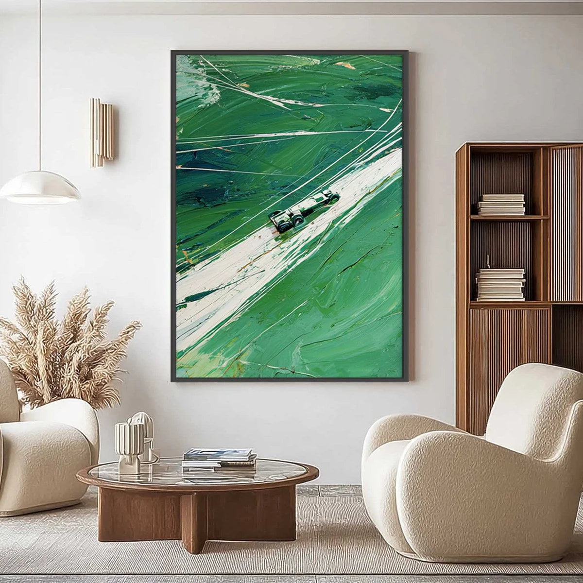 VERDANT VELOCITY: Textured Impasto Painting of a Vintage Racing Car | Abstract closeup, raised brushwork detail