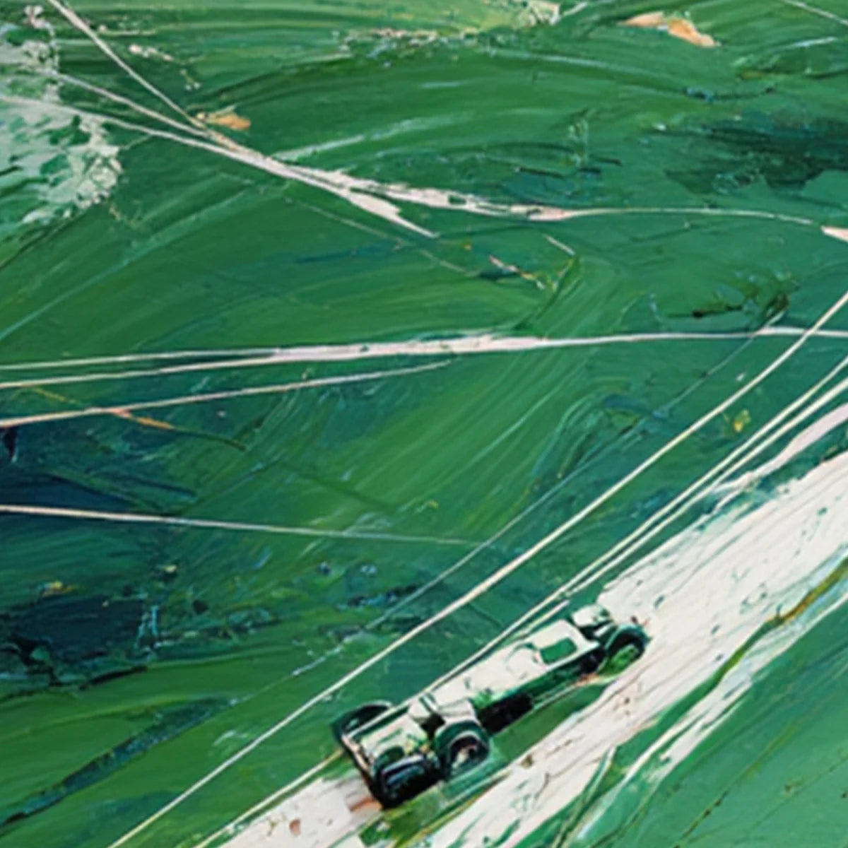 VERDANT VELOCITY: Textured Impasto Painting of a Vintage Racing Car | rectangular format, hand-painted canvas edge