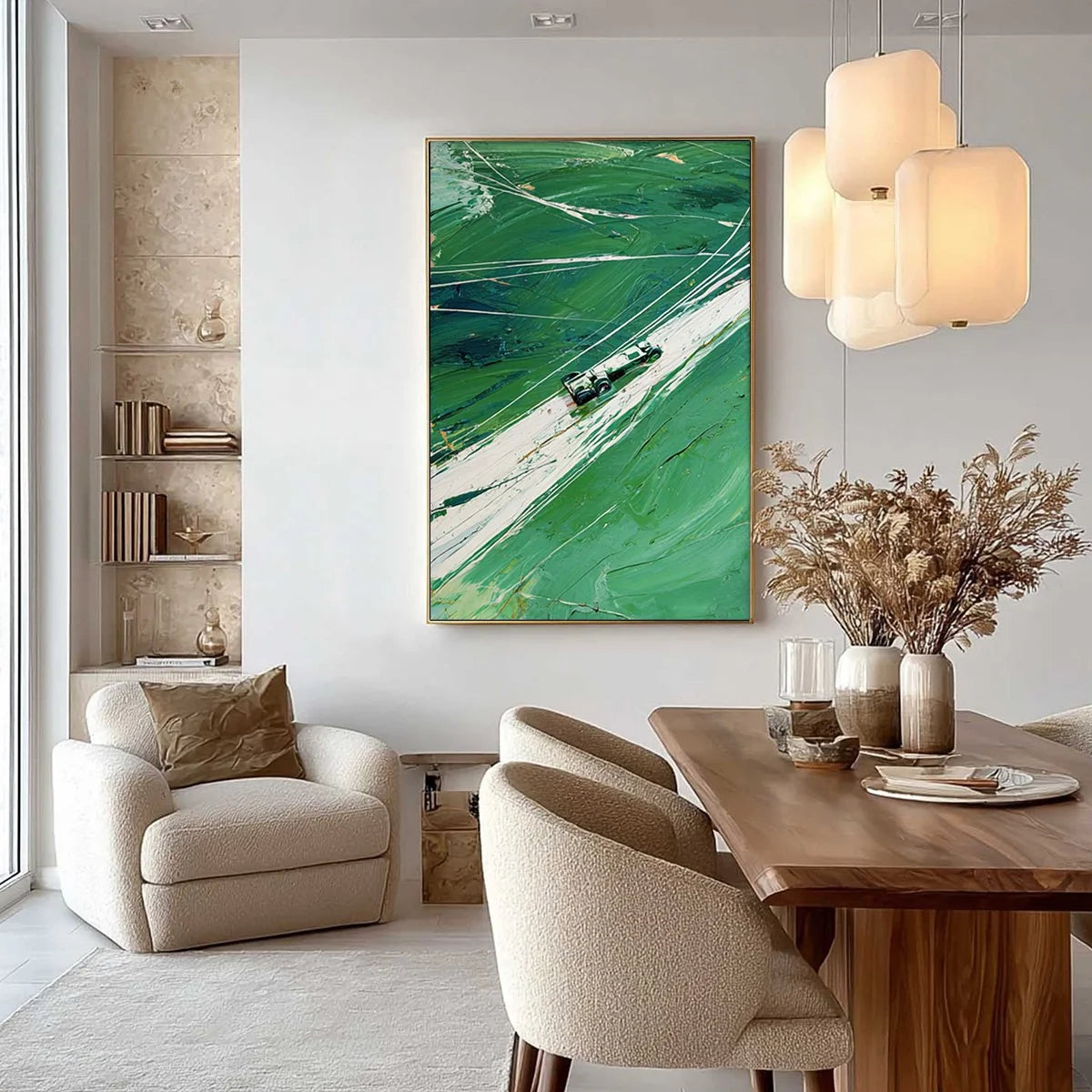 VERDANT VELOCITY: Textured Impasto Painting of a Vintage Racing Car | gold frame stretched on neutral wall
