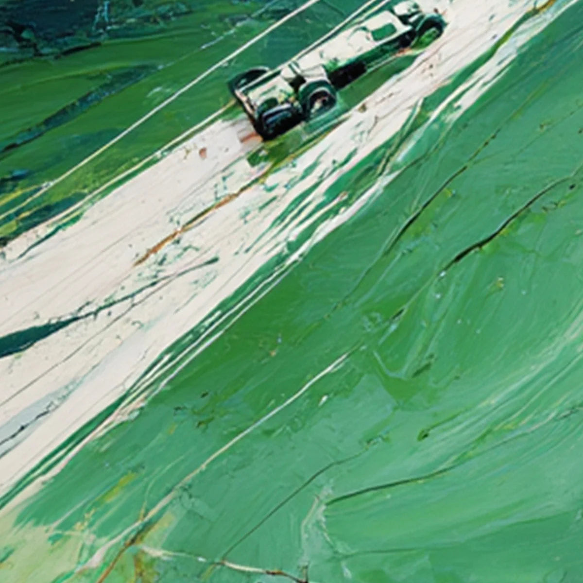 VERDANT VELOCITY: Textured Impasto Painting of a Vintage Racing Car | rolled canvas, ready for custom framing