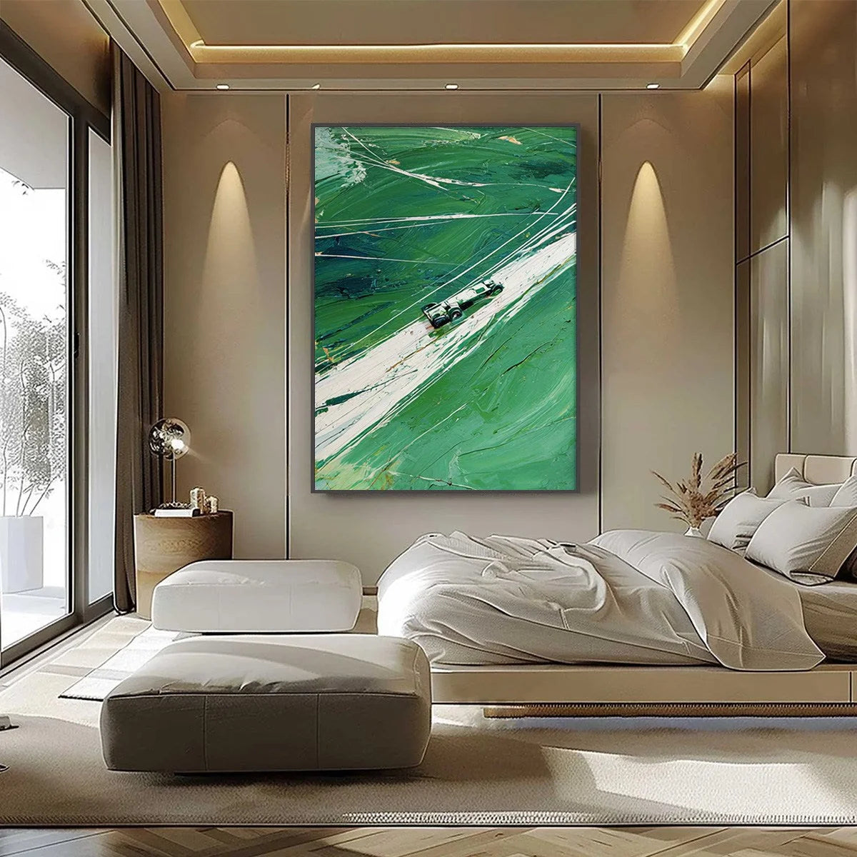 VERDANT VELOCITY: Textured Impasto Painting of a Vintage Racing Car | black frame version on white wall