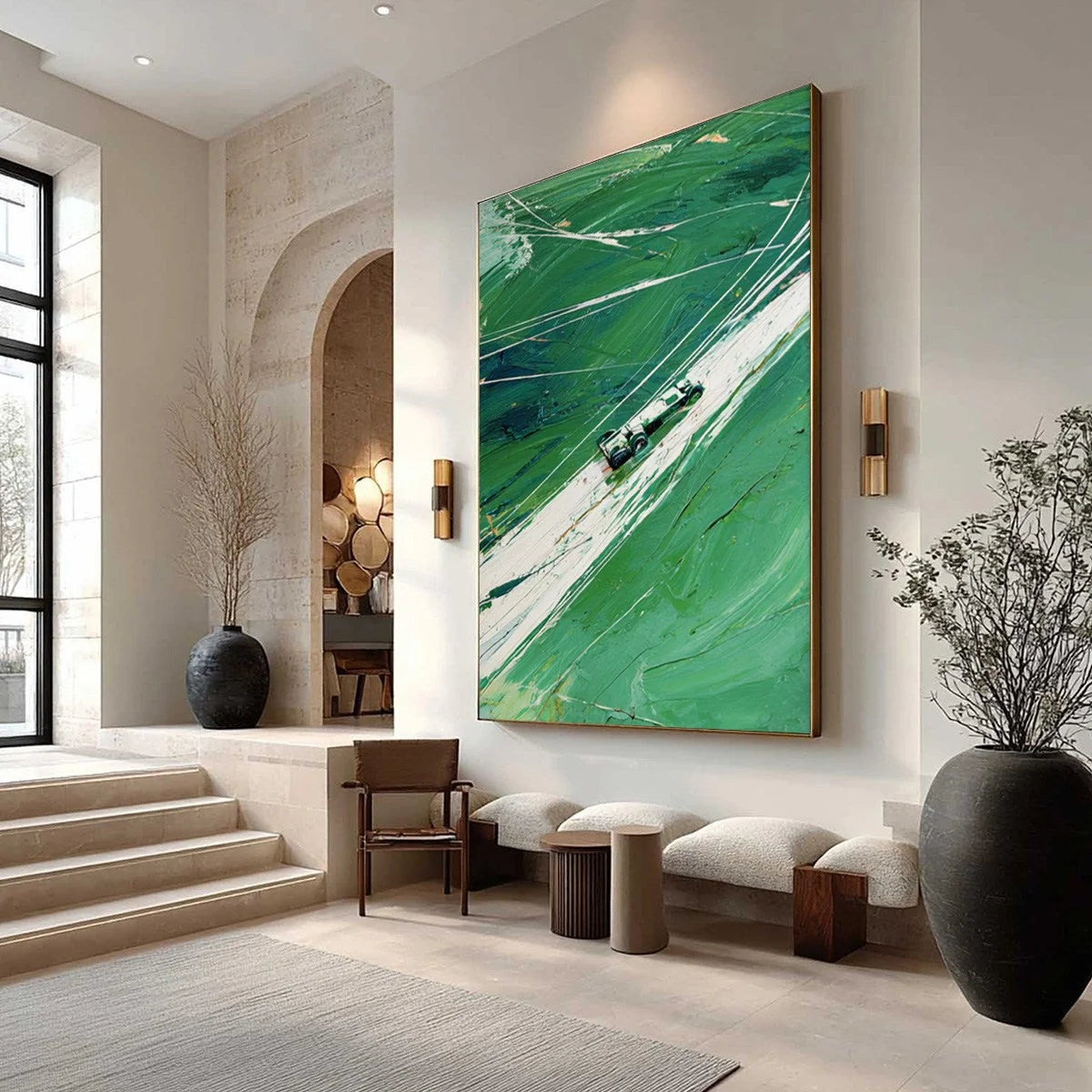 VERDANT VELOCITY: Textured Impasto Painting of a Vintage Racing Car | Abstract mood, soft natural light studio shot