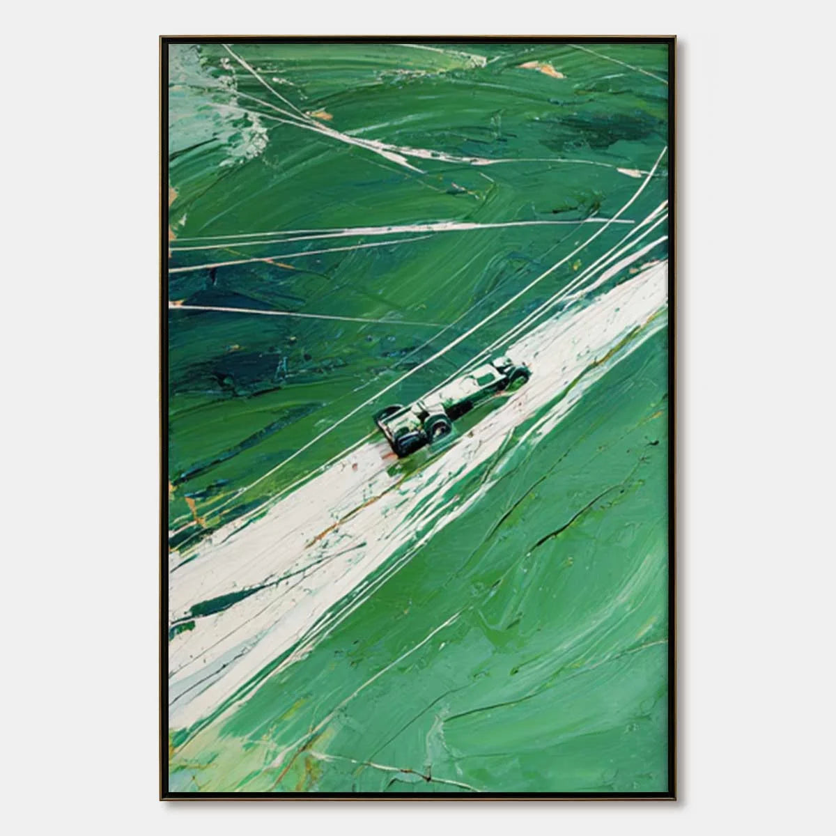 VERDANT VELOCITY: Textured Impasto Painting of a Vintage Racing Car | hanging in living room, Abstract wall art