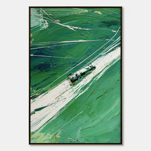 VERDANT VELOCITY: Textured Impasto Painting of a Vintage Racing Car | hanging in living room, Abstract wall art