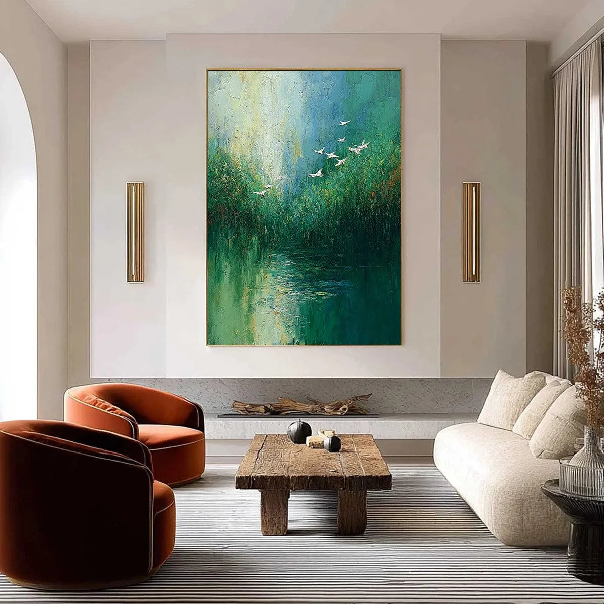 VERDANT VOYAGE: Textured Green Landscape Painting with Birds | Landscape closeup, raised brushwork detail