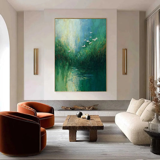 VERDANT VOYAGE: Textured Green Landscape Painting with Birds