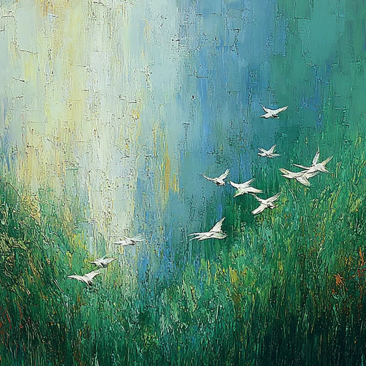VERDANT VOYAGE: Textured Green Landscape Painting with Birds | rectangular format, hand-painted canvas edge