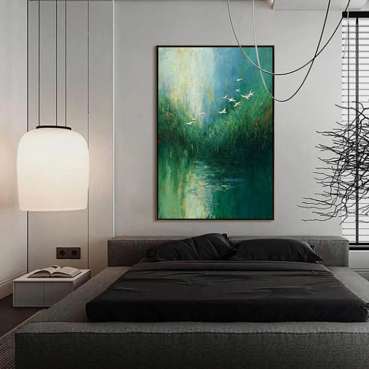 VERDANT VOYAGE: Textured Green Landscape Painting with Birds | gold frame stretched on neutral wall