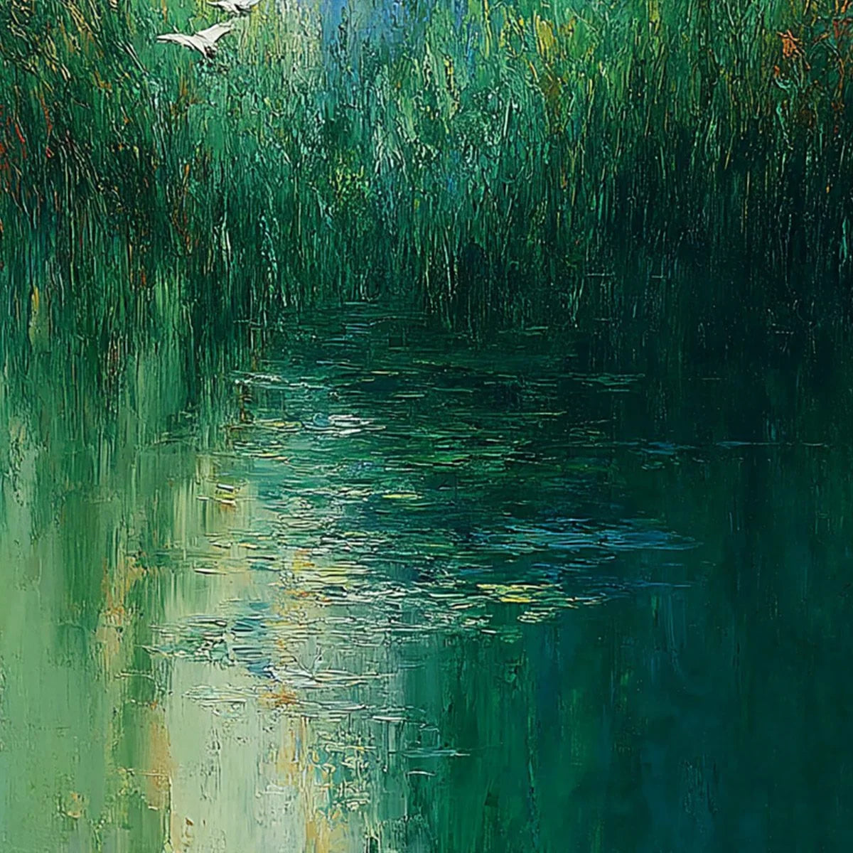 VERDANT VOYAGE: Textured Green Landscape Painting with Birds | rolled canvas, ready for custom framing