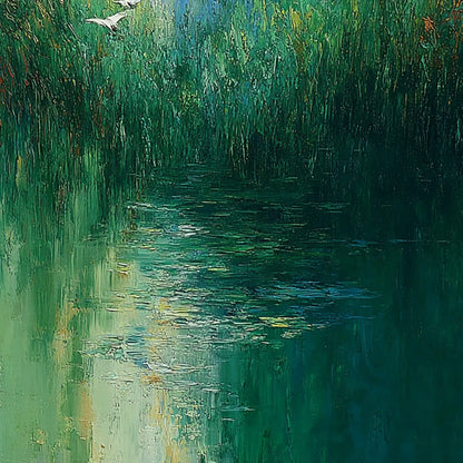 VERDANT VOYAGE: Textured Green Landscape Painting with Birds | rolled canvas, ready for custom framing