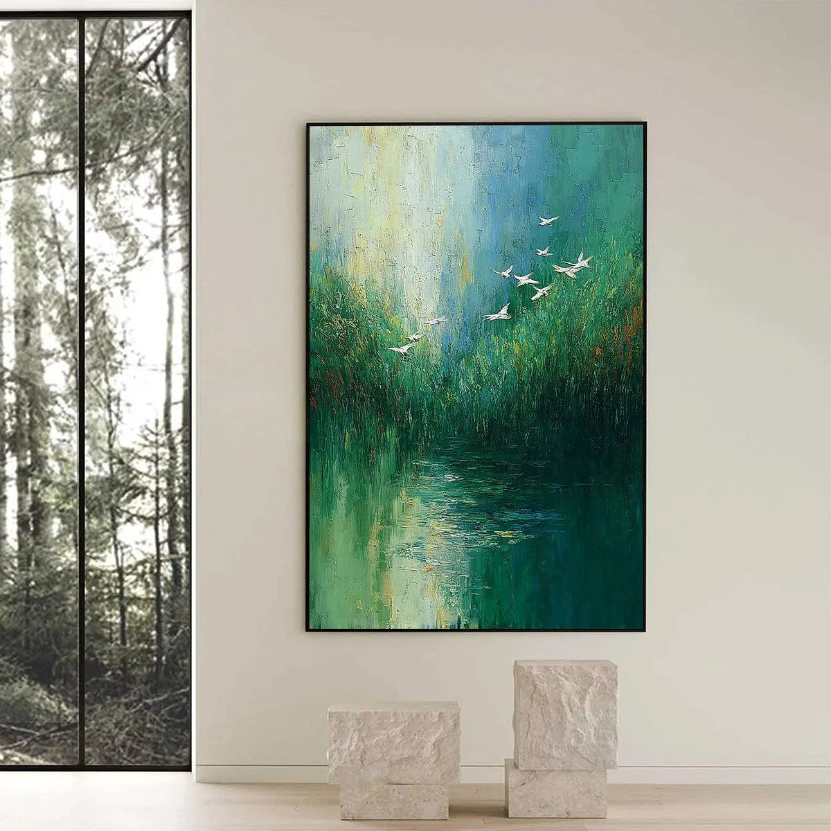 VERDANT VOYAGE: Textured Green Landscape Painting with Birds | black frame version on white wall