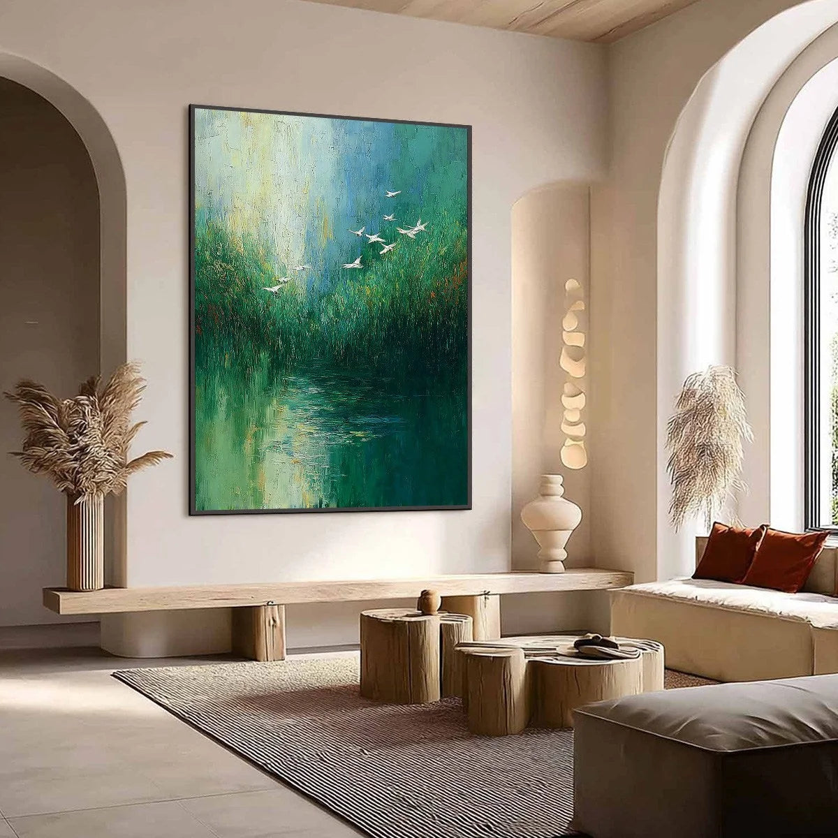VERDANT VOYAGE: Textured Green Landscape Painting with Birds | Landscape mood, soft natural light studio shot