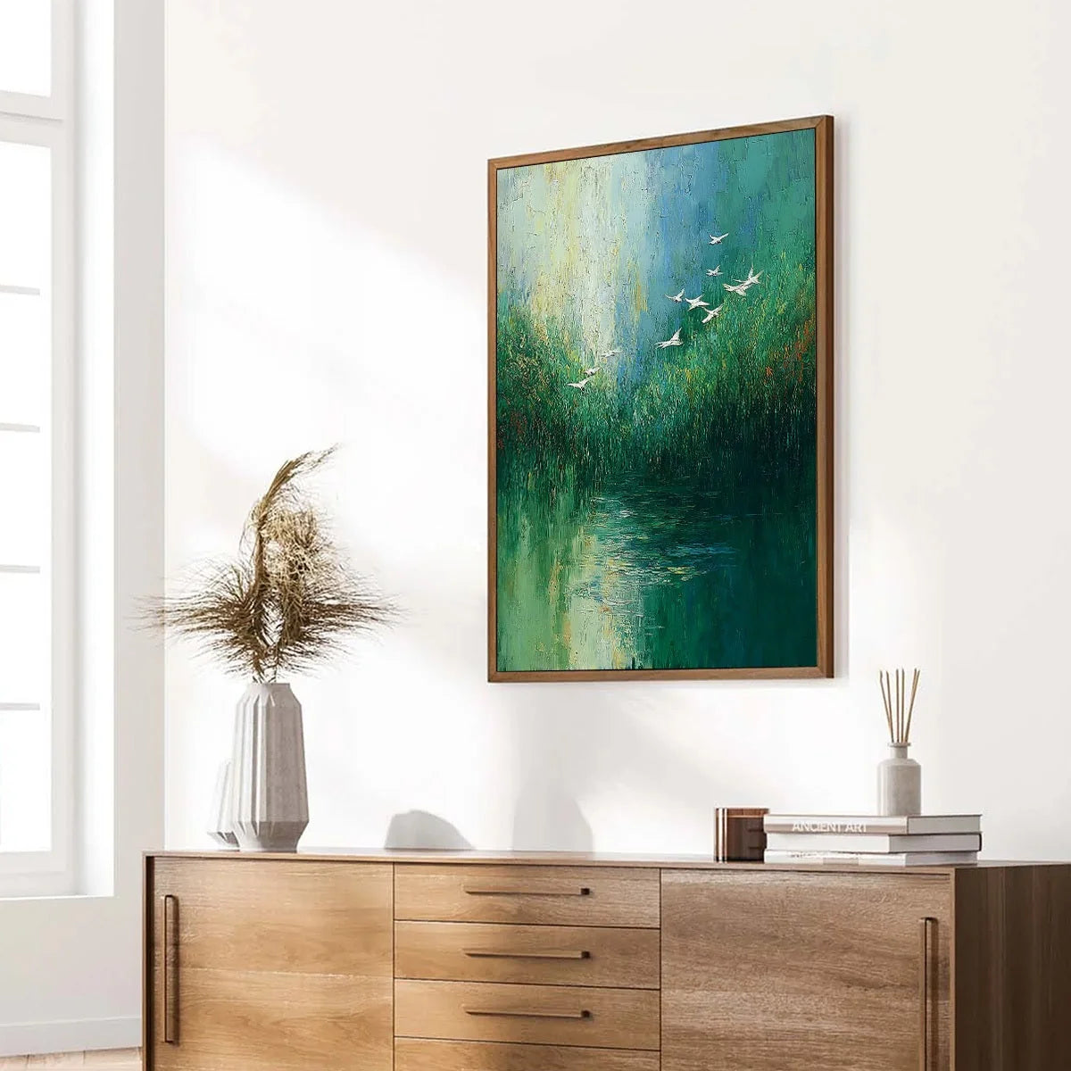 VERDANT VOYAGE: Textured Green Landscape Painting with Birds | green palette, original oil on stretched canvas art