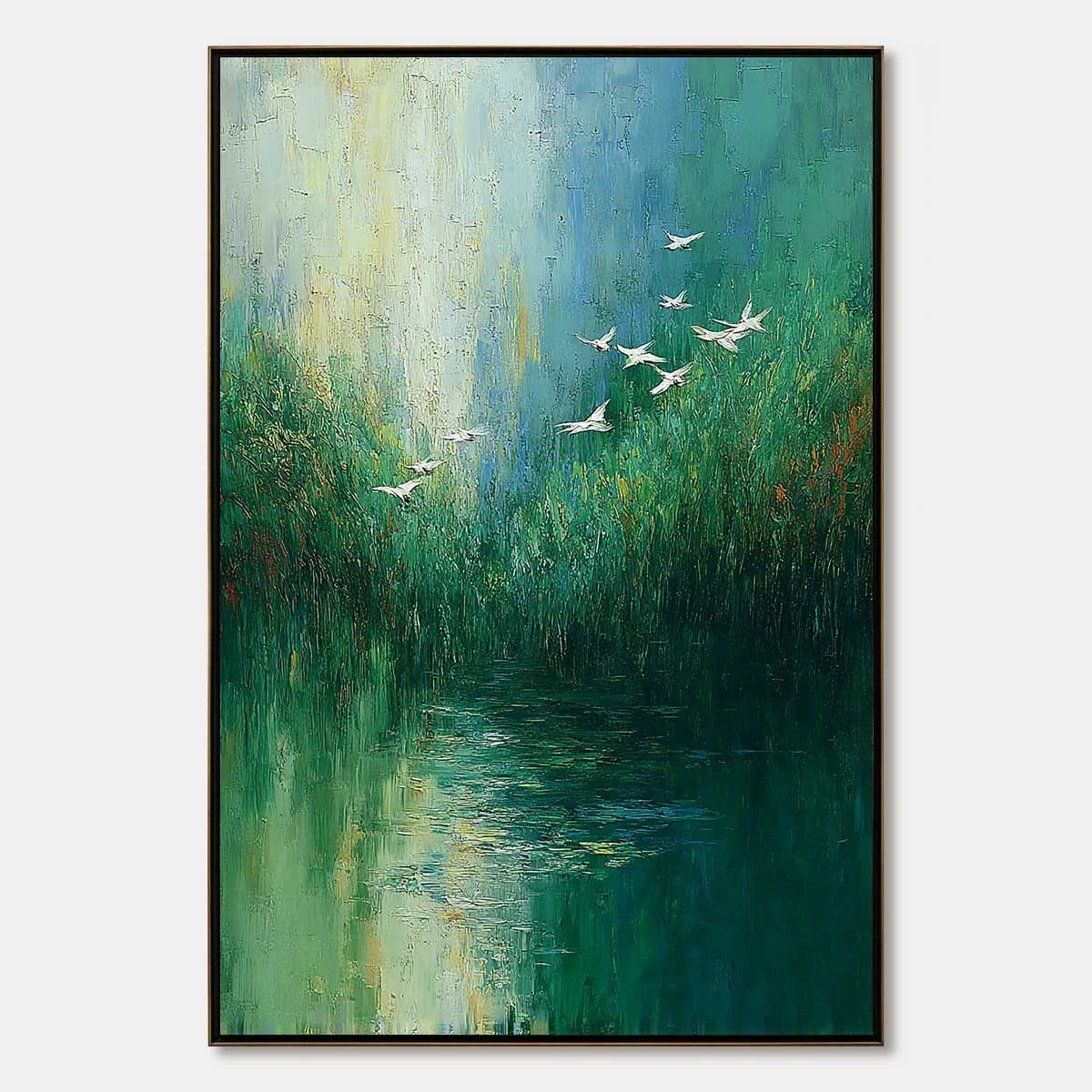 VERDANT VOYAGE: Textured Green Landscape Painting with Birds | hanging in living room, Landscape wall art