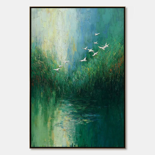 VERDANT VOYAGE: Textured Green Landscape Painting with Birds | hanging in living room, Landscape wall art