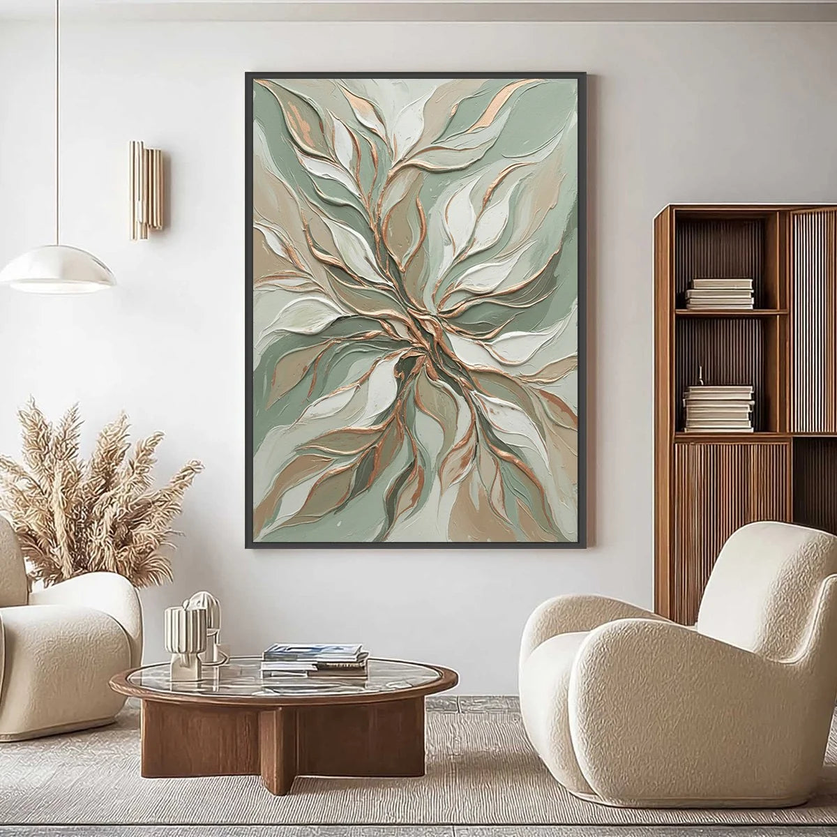 VERDANT WHISPER: Textured Abstract Botanical Leaf Painting | gold frame stretched on neutral wall