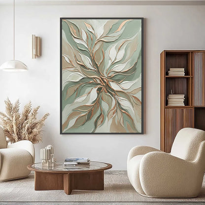 VERDANT WHISPER: Textured Abstract Botanical Leaf Painting | gold frame stretched on neutral wall