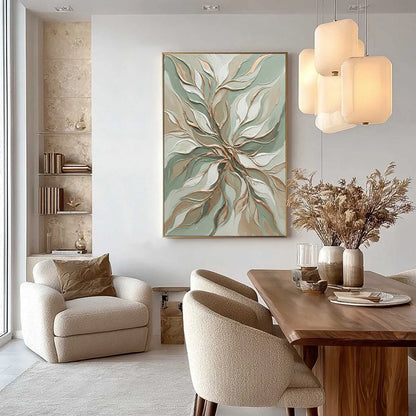 VERDANT WHISPER: Textured Abstract Botanical Leaf Painting | black frame version on white wall