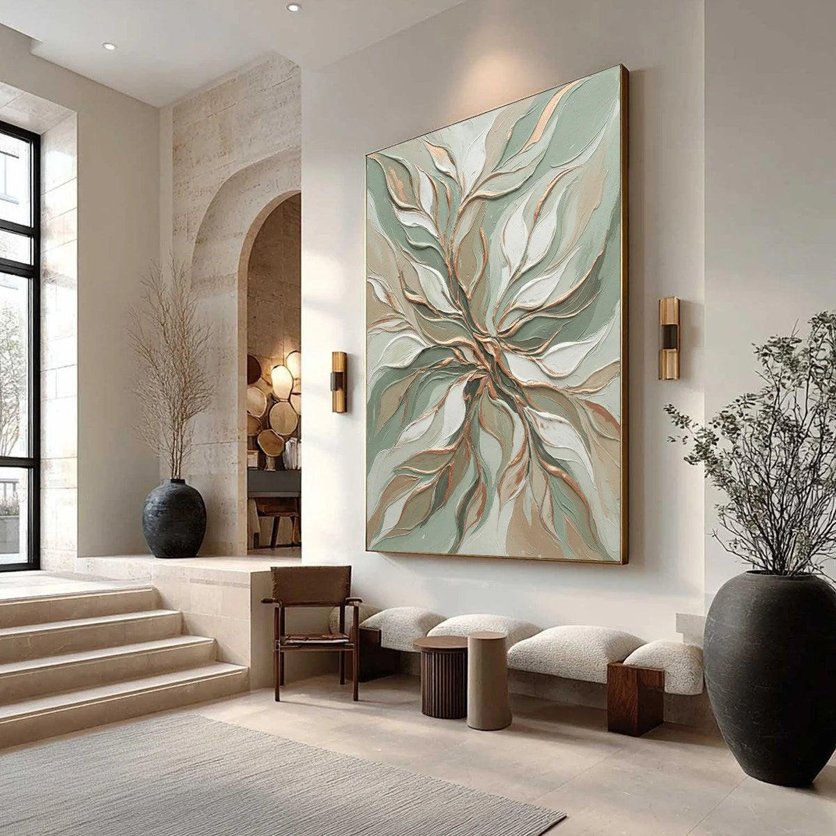 VERDANT WHISPER: Textured Abstract Botanical Leaf Painting | Abstract mood, soft natural light studio shot