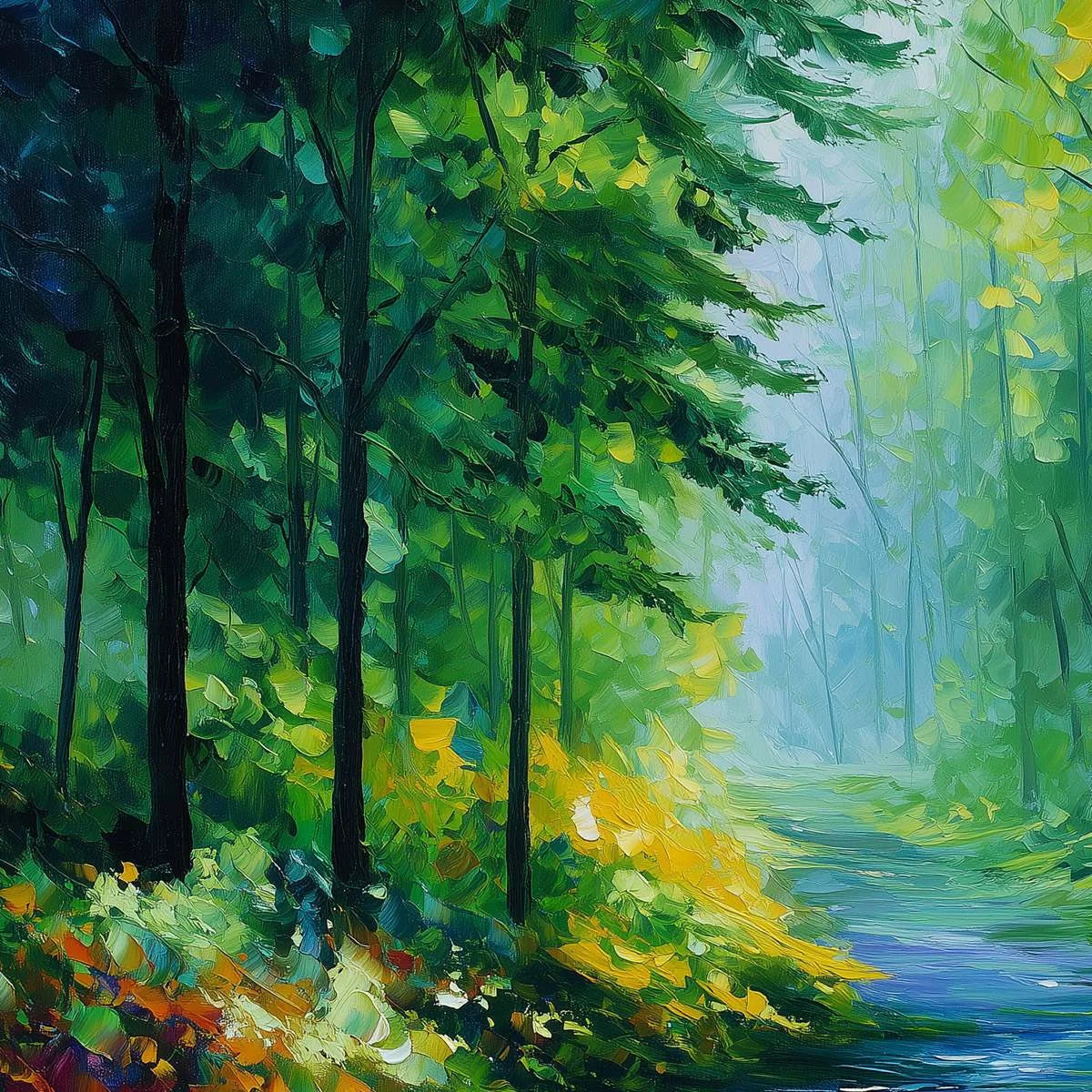 VERDANT WHISPER: Textured Palette Knife Forest Landscape Oil Painting | rectangular format, hand-painted canvas edge