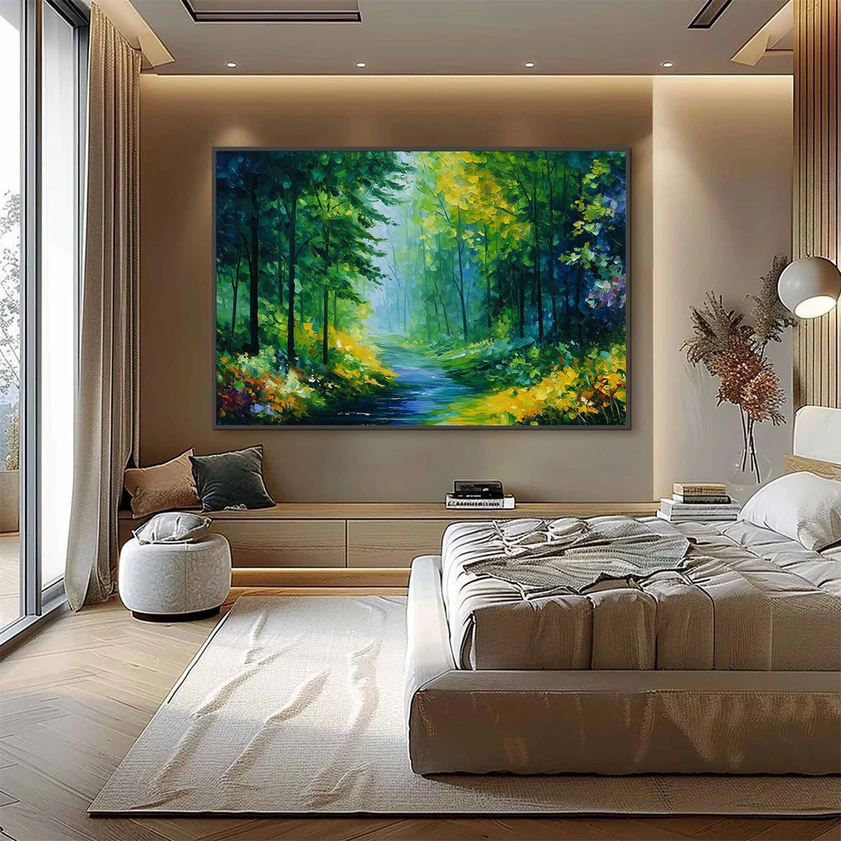 VERDANT WHISPER: Textured Palette Knife Forest Landscape Oil Painting | gold frame stretched on neutral wall