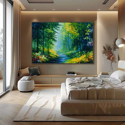 VERDANT WHISPER: Textured Palette Knife Forest Landscape Oil Painting | gold frame stretched on neutral wall