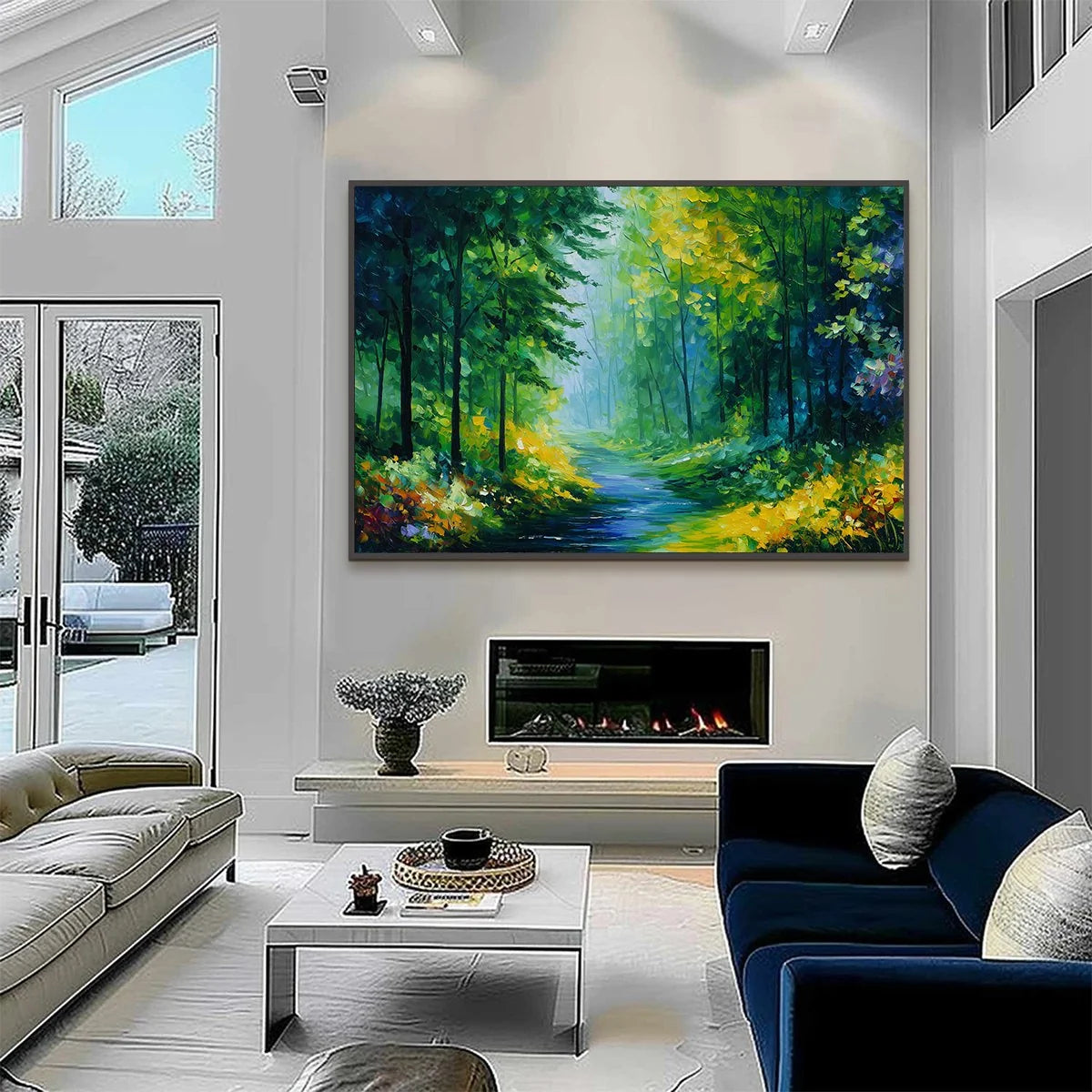 VERDANT WHISPER: Textured Palette Knife Forest Landscape Oil Painting | black frame version on white wall