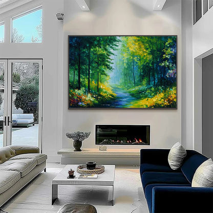 VERDANT WHISPER: Textured Palette Knife Forest Landscape Oil Painting | black frame version on white wall