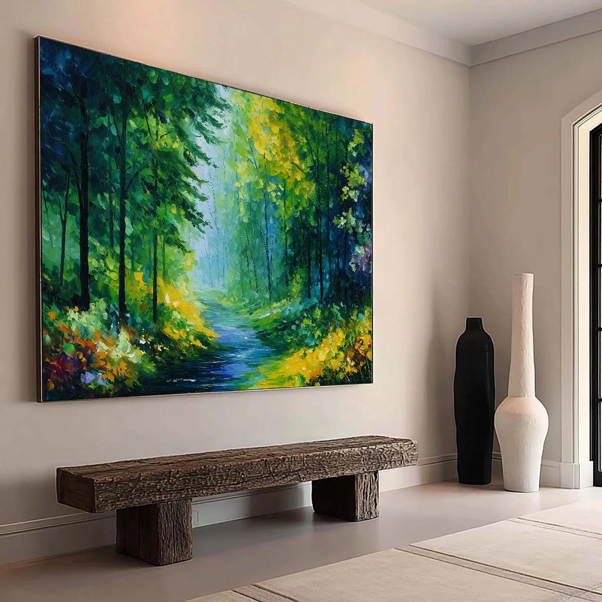 VERDANT WHISPER: Textured Palette Knife Forest Landscape Oil Painting | Landscape mood, soft natural light studio shot