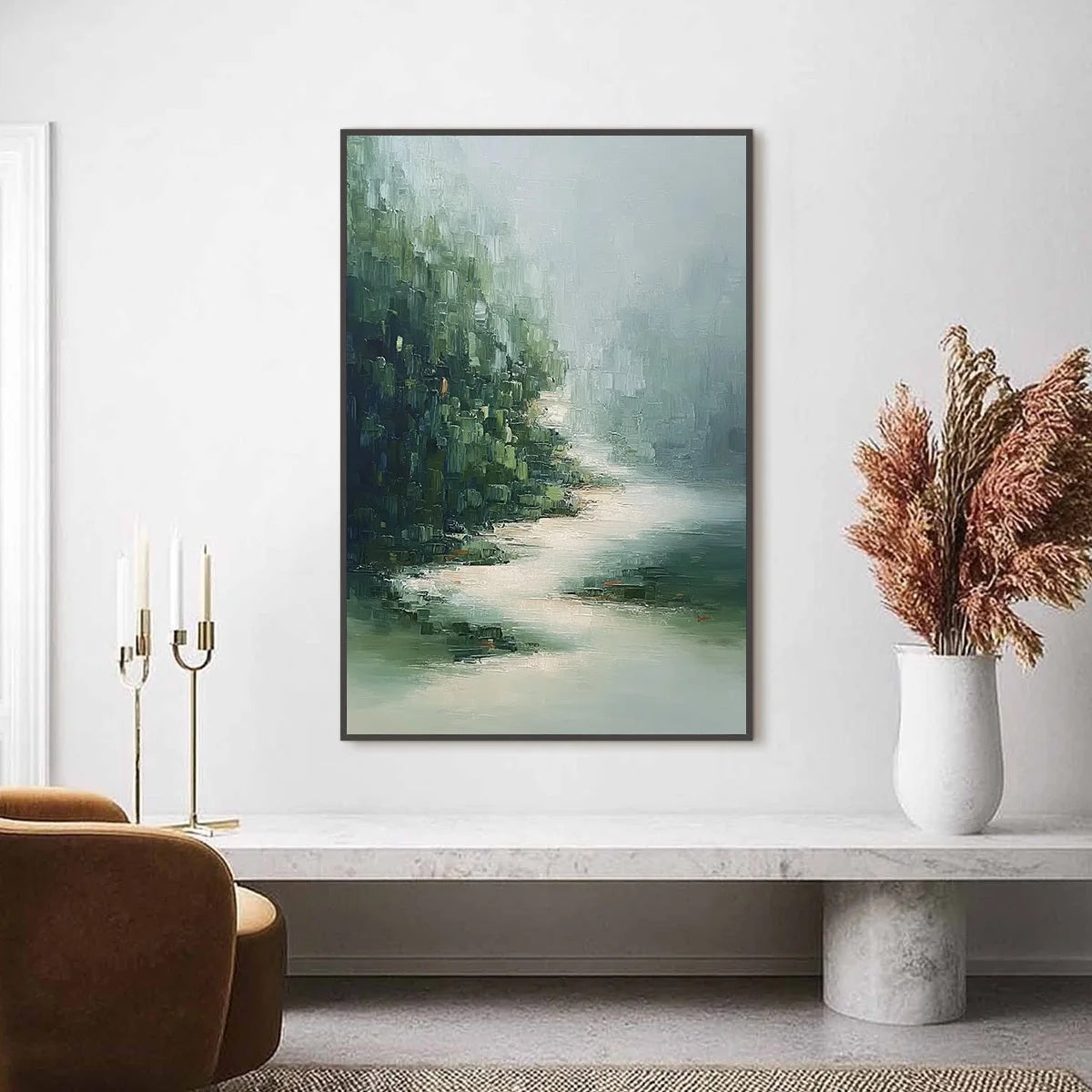 VERDANT WHISPER: Textured Wabi Sabi Forest & River Landscape Painting | Landscape closeup, raised brushwork detail