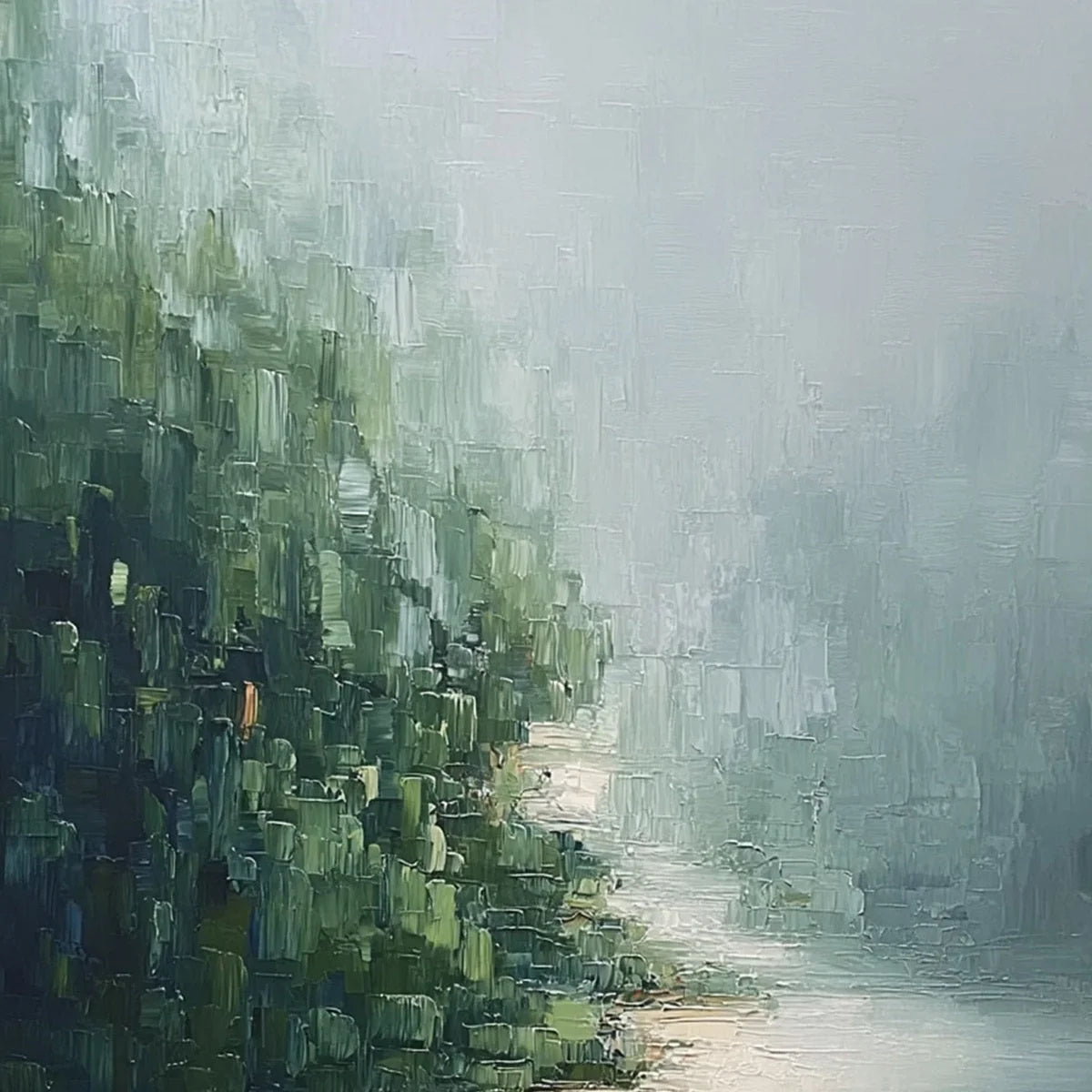 VERDANT WHISPER: Textured Wabi Sabi Forest & River Landscape Painting | rectangular format, hand-painted canvas edge