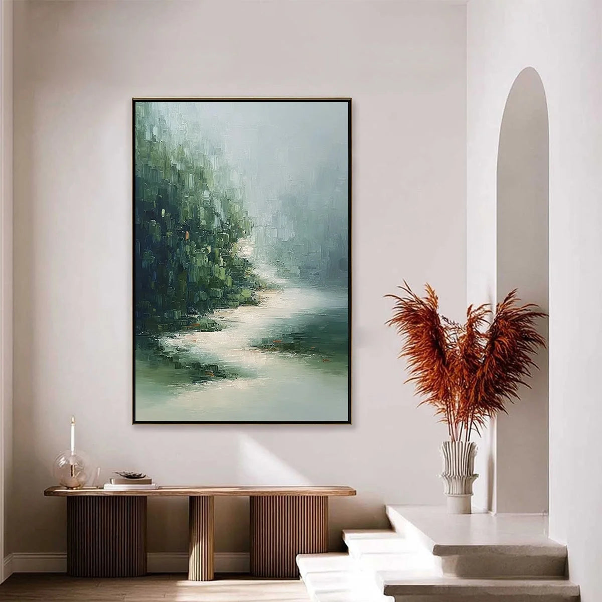 VERDANT WHISPER: Textured Wabi Sabi Forest & River Landscape Painting | gold frame stretched on neutral wall