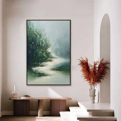 VERDANT WHISPER: Textured Wabi Sabi Forest & River Landscape Painting | gold frame stretched on neutral wall