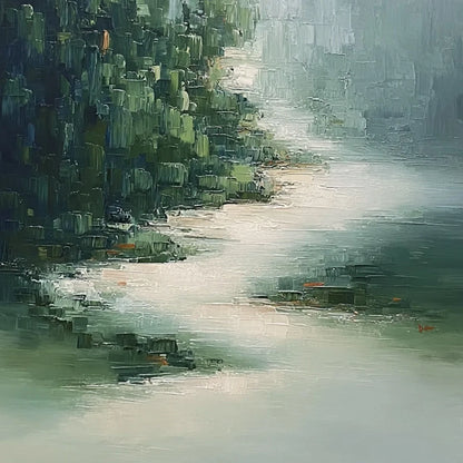 VERDANT WHISPER: Textured Wabi Sabi Forest & River Landscape Painting | rolled canvas, ready for custom framing