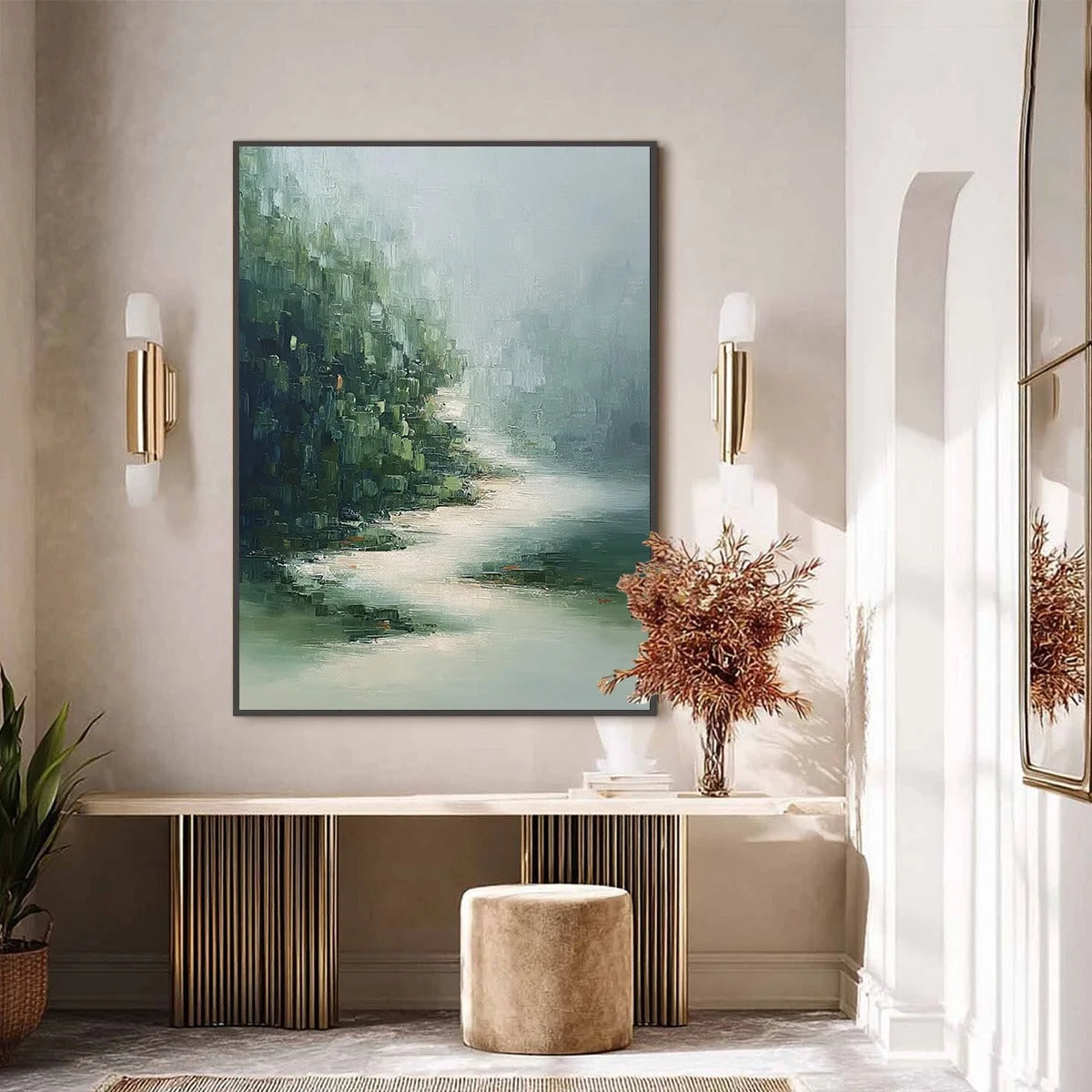 VERDANT WHISPER: Textured Wabi Sabi Forest & River Landscape Painting | black frame version on white wall