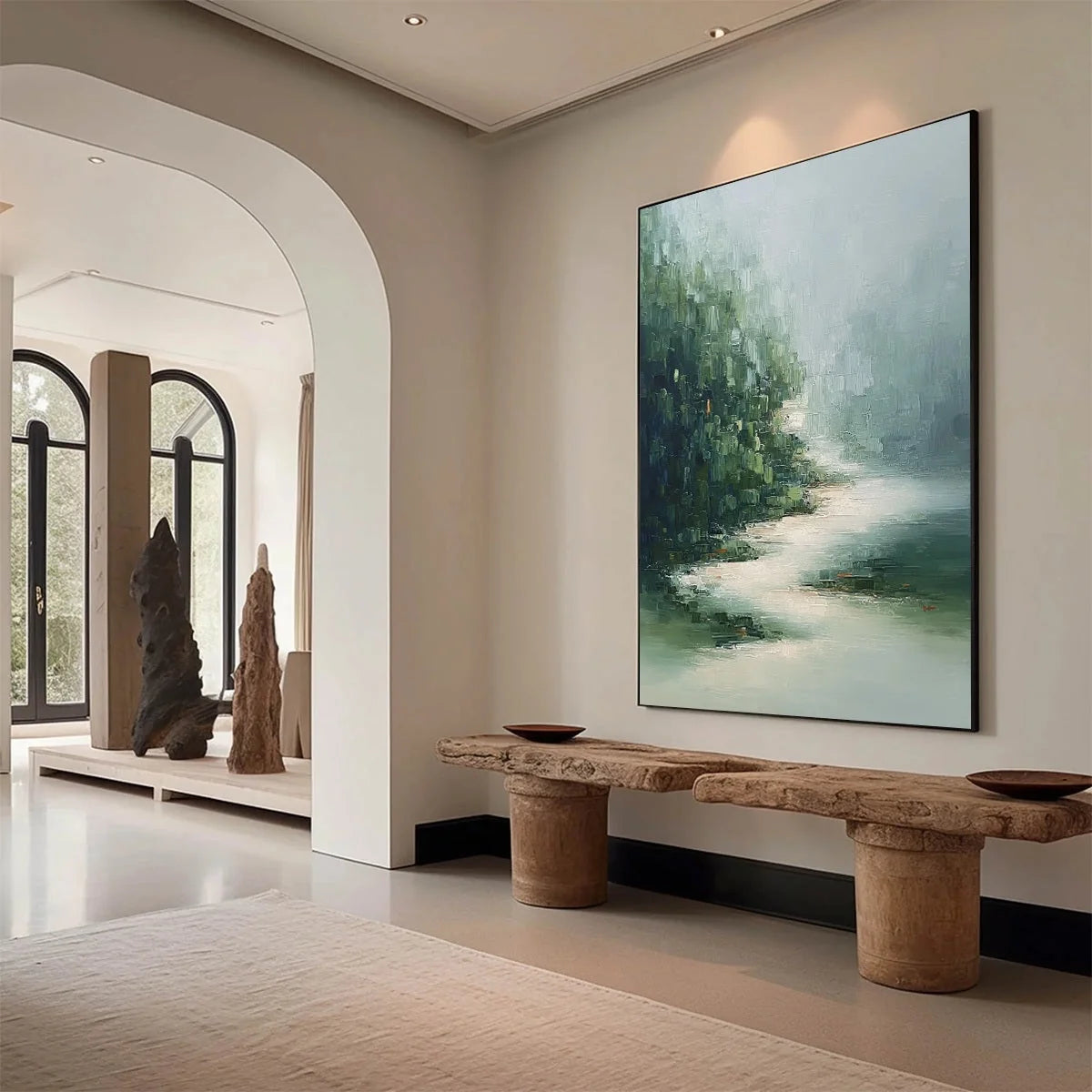 VERDANT WHISPER: Textured Wabi Sabi Forest & River Landscape Painting | Landscape mood, soft natural light studio shot