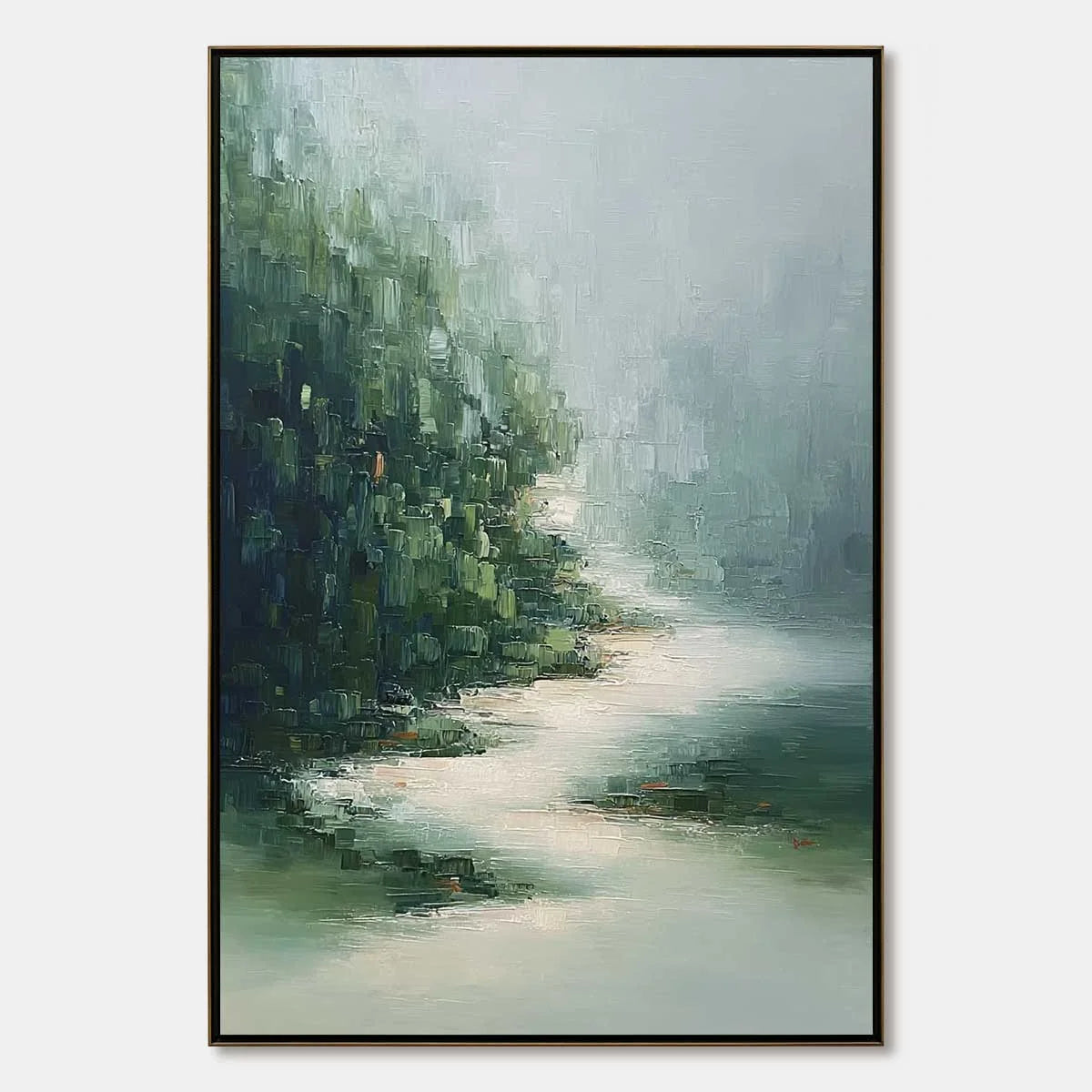 VERDANT WHISPER: Textured Wabi Sabi Forest & River Landscape Painting | hanging in living room, Landscape wall art