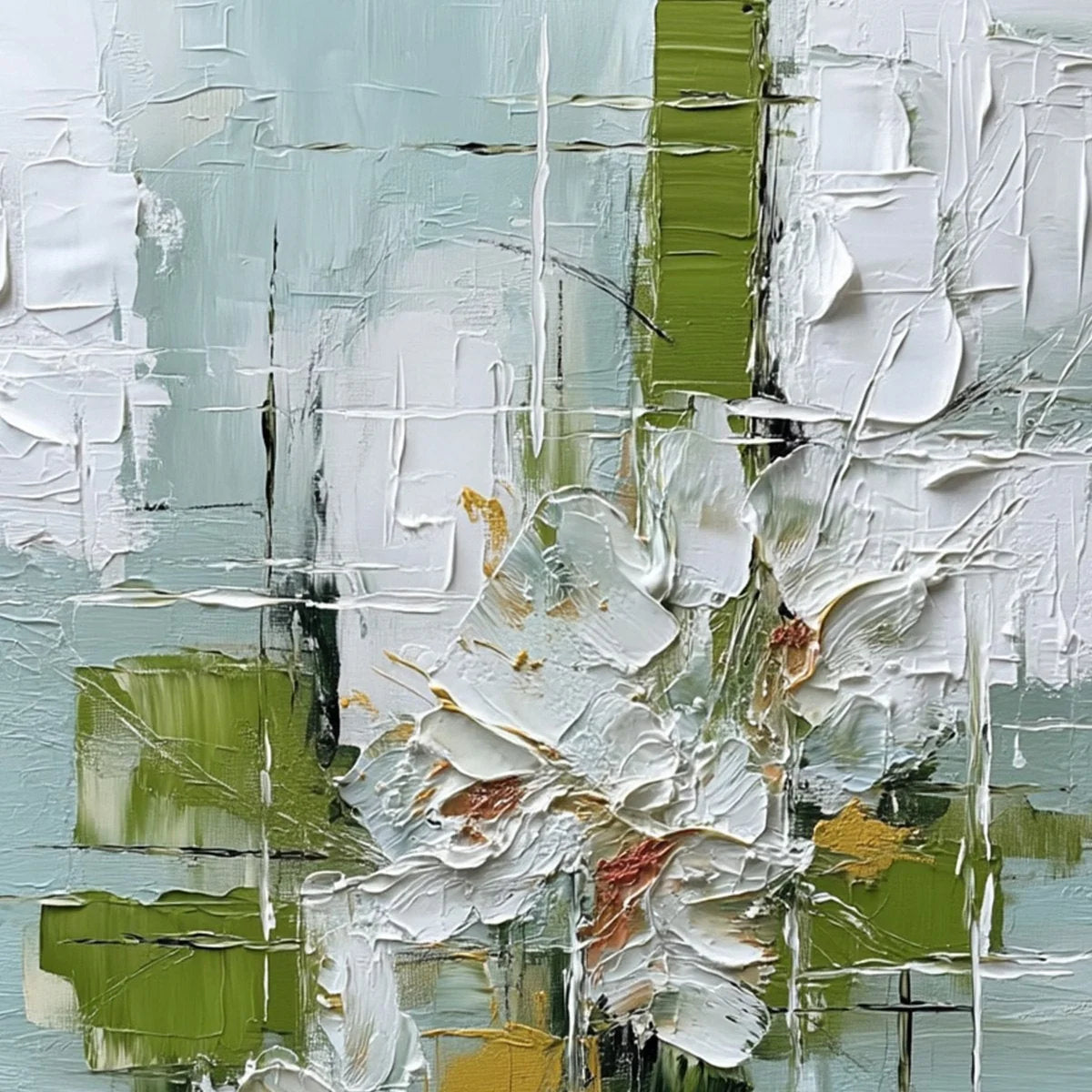 VERDANT BLOOM: Heavily Textured Abstract Floral Impasto Painting | rectangular format, hand-painted canvas edge