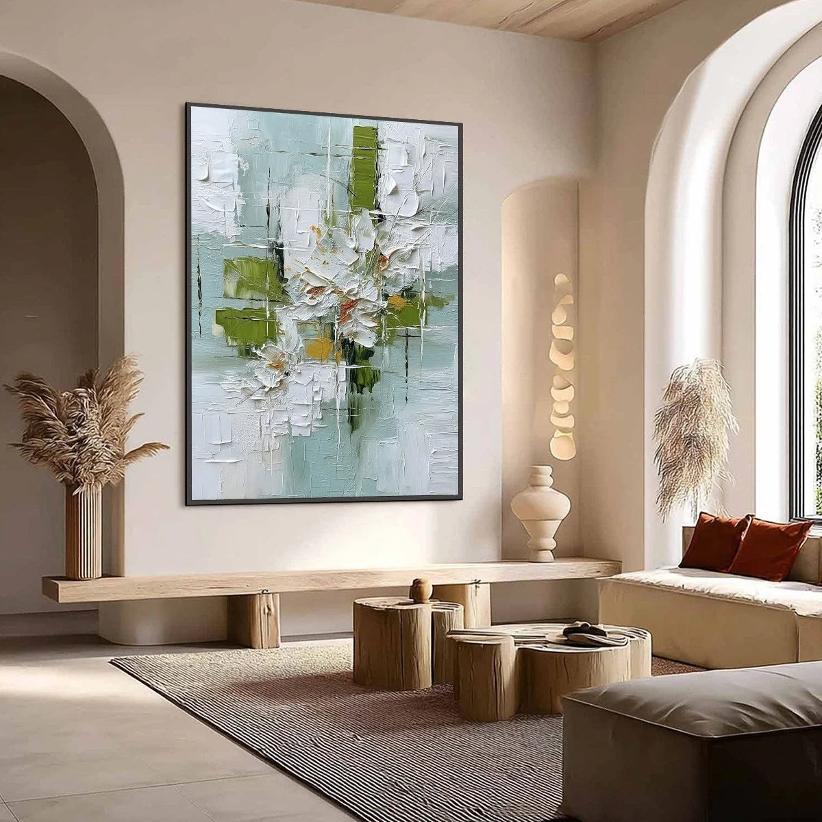 VERDANT BLOOM: Heavily Textured Abstract Floral Impasto Painting | Abstract mood, soft natural light studio shot