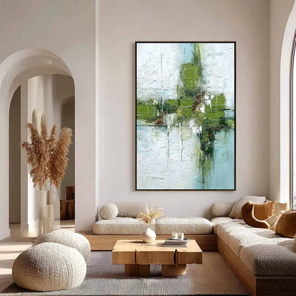 Verdant Echo | Green Abstract Textured Oil Painting for Wall | gold frame stretched on neutral wall