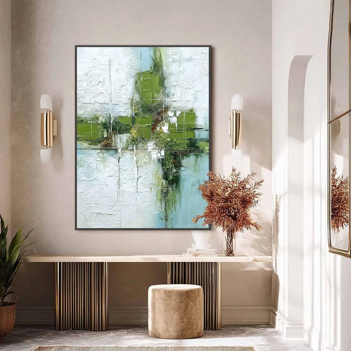 Verdant Echo | Green Abstract Textured Oil Painting for Wall | black frame version on white wall