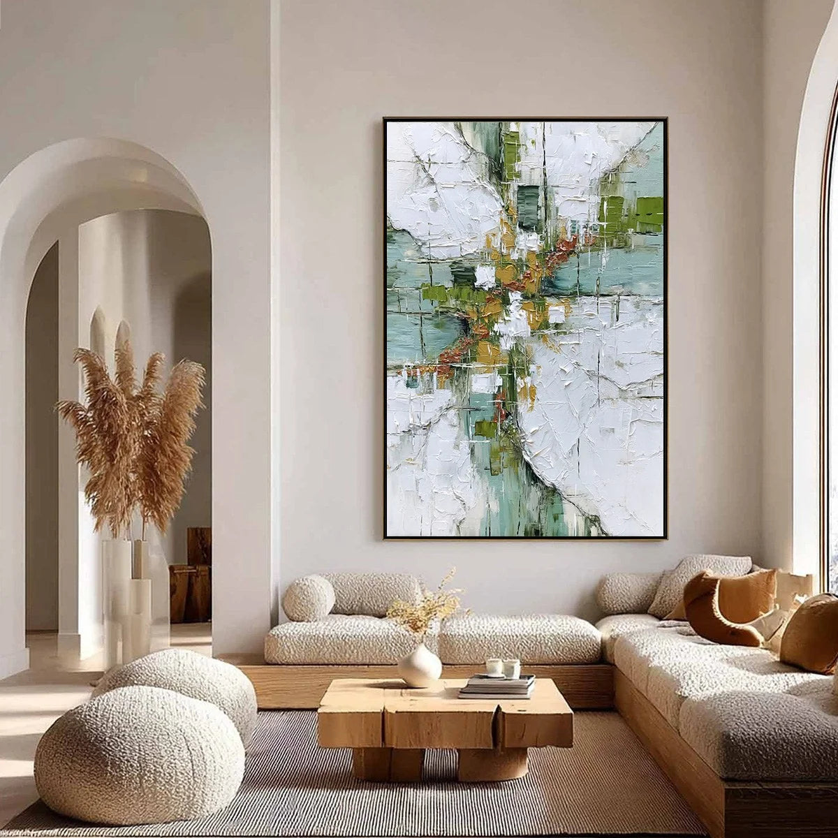 VERDANT ECHO: Textured Abstract Painting in Earth Tones | gold frame stretched on neutral wall